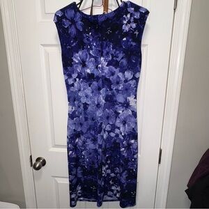 EUC Lauren Ralph Lauren Blue and Purple Floral Midi Dress Cowl Neck Sheath